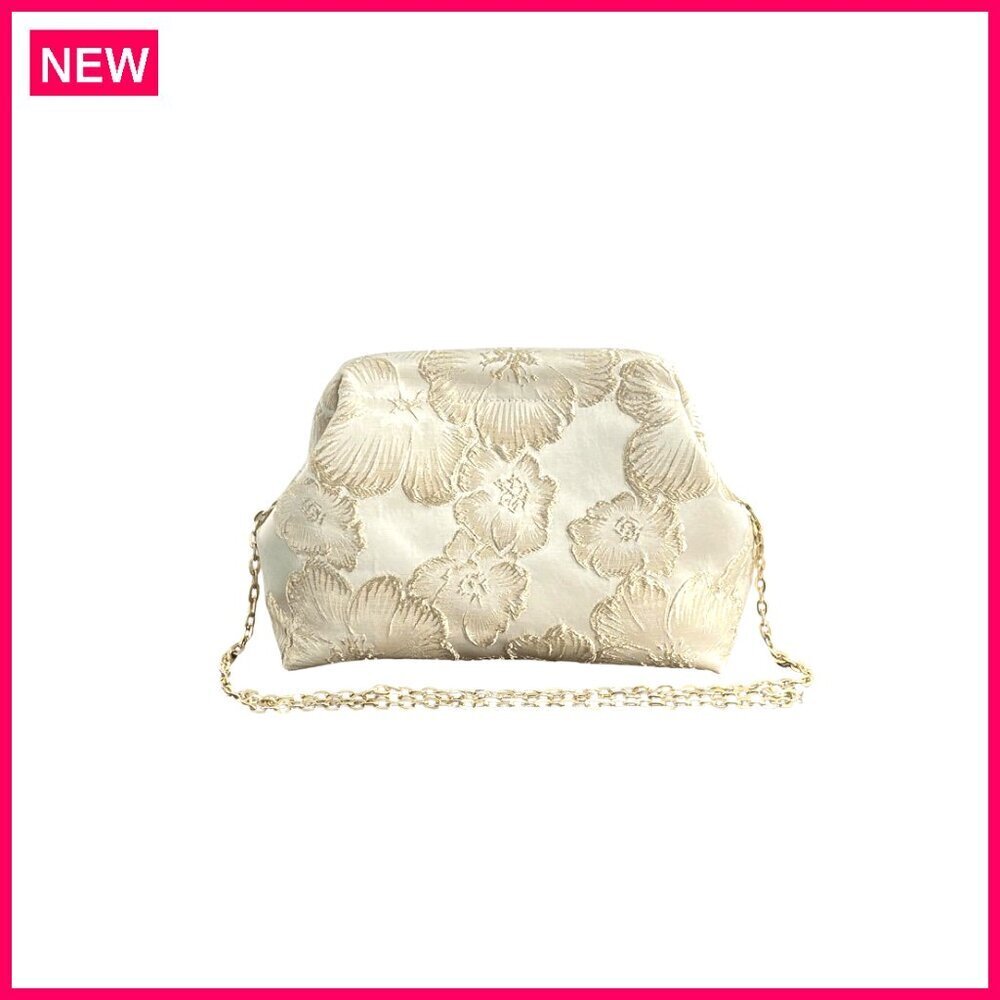 Floral Embroidery Kiss Lock Clutch with Removable Chain, Polyester Evening Bag